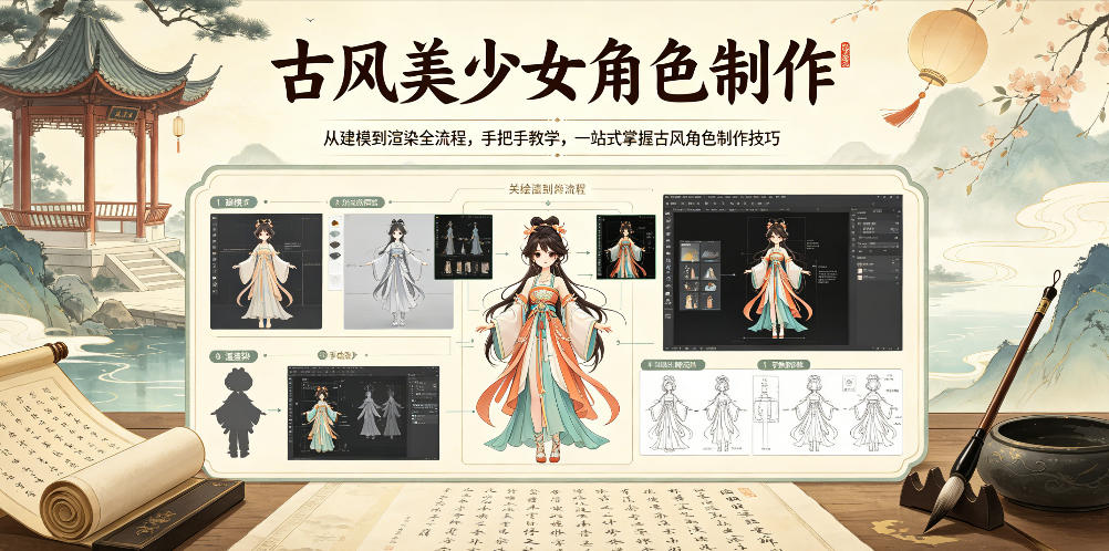 古风美少女角色制作,从建模到渲染全流程,手把手教学,一站式掌握古风角色制作技巧