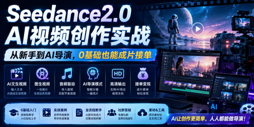 Seedance2.0 AI视频创作实战，从新手到AI导演，0基础也能成片接单变现-16888副业资讯