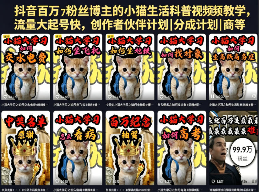抖音百万粉丝博主的小猫生活科普视频教学，流量大起号快，创作者伙伴计划|分成计划|商单|收徒等-16888副业资讯