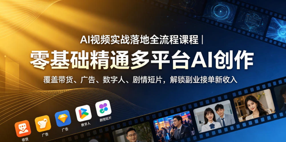 AI视频实战落地全流程课程|零基础精通多平台AI创作,覆盖带货、广告、数字人、剧情短片,解锁副业接单新收入