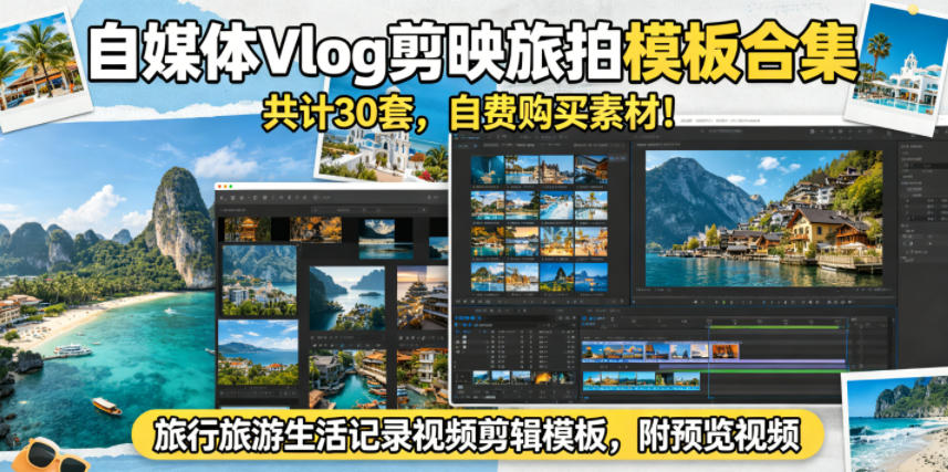 自媒体Vlog剪映旅拍模板合集，共计30套，自费购买素材！旅行旅游生活记录视频剪辑模板，附预览视频