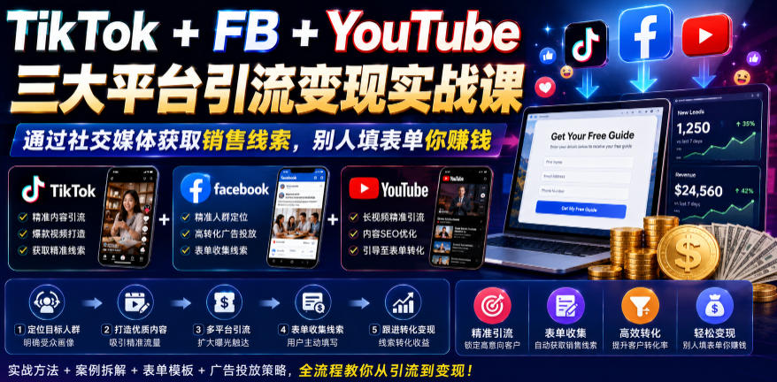 TikTok+FB+YouTube三大平台引流变现实战课，通过社交媒体获取销售线索，别人填表单你賺钱【原创双语字幕】-16888副业资讯