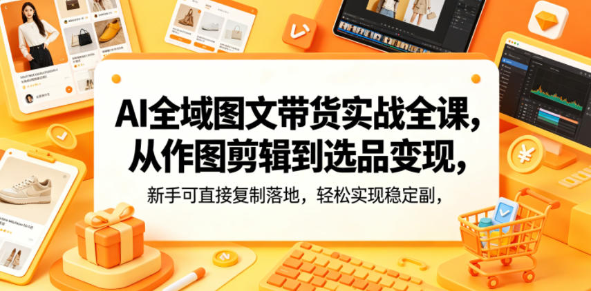 AI全域图文带货实战全课，从作图剪辑到选品变现，新手可直接复制落地，轻松实现稳定副业增收-16888副业资讯