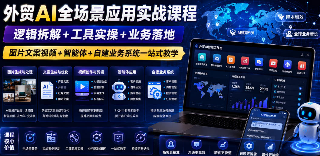 外贸AI全场景应用实战课程｜逻辑拆解+工具实操+业务落地，图片文案视频+智能体+自建业务系统一站式教学-16888副业资讯