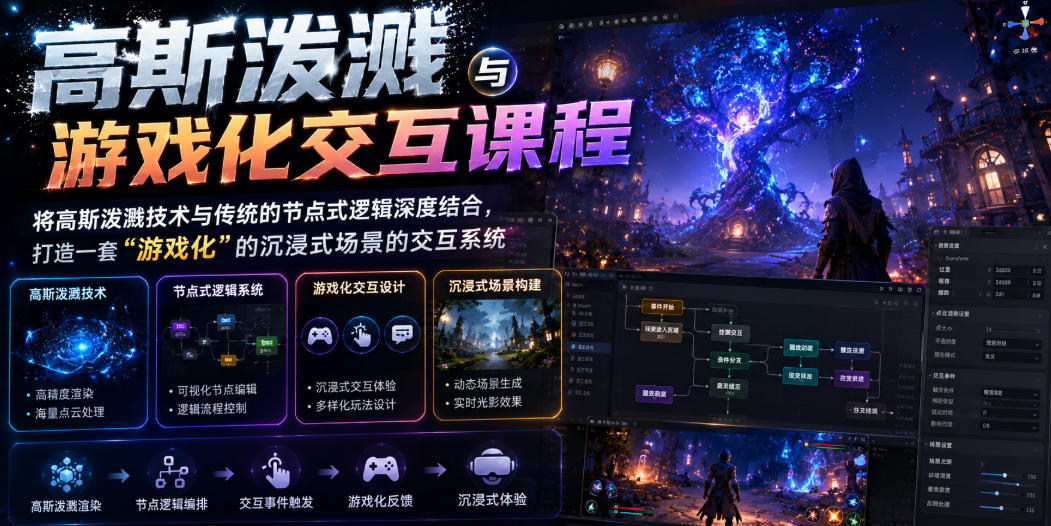 高斯泼溅与游戏化交互课程，将高斯泼溅技术与传统的节点式逻辑深度结合，打造一套“游戏化”的沉浸式场景的交互系统-16888副业资讯
