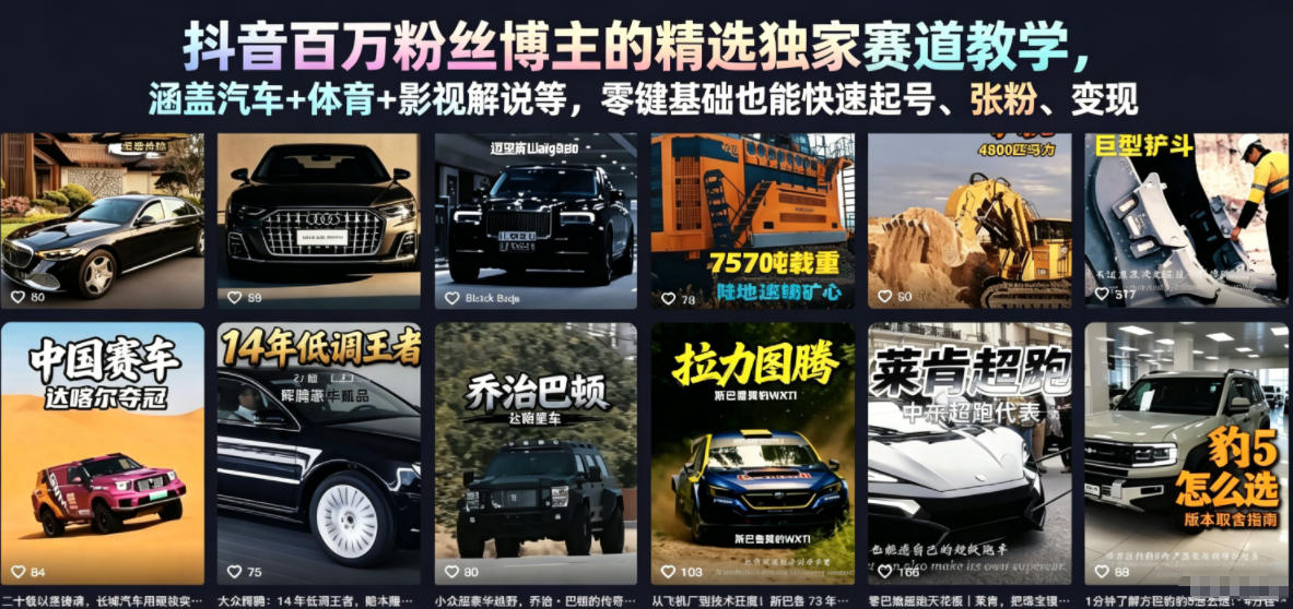 抖音百万粉丝博主的精选独家赛道教学，涵盖汽车+体育+影视解说等，零基础也能快速起号、涨粉、变现-16888副业资讯