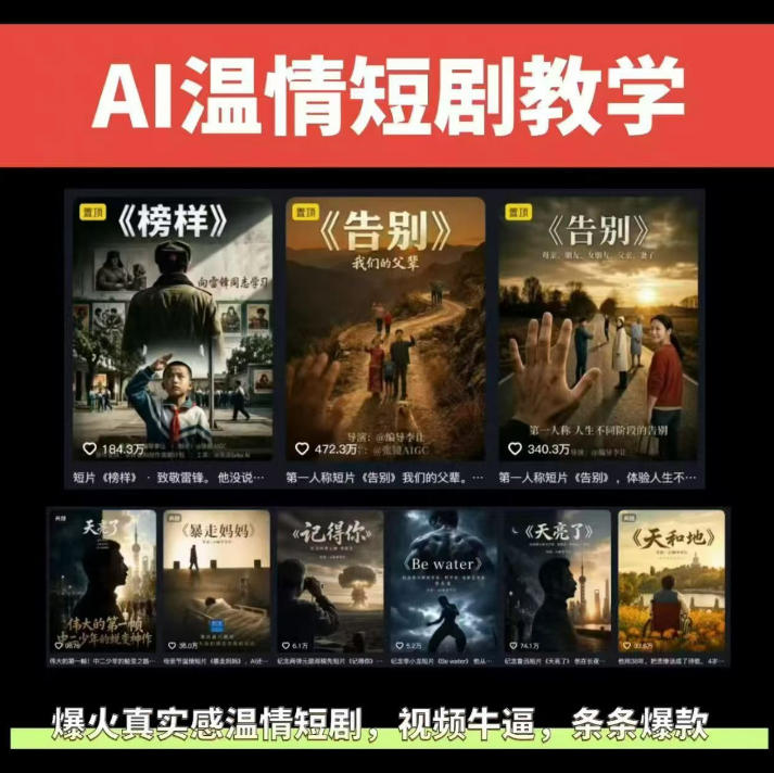 抖音58W粉丝博主的AI温情短剧玩法,条条爆款,伙伴计划+精选独家收益,商单收徒等