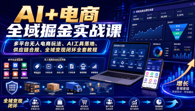 AI+电商全域掘金实战课｜多平台无人电商玩法、AI工具落地、供应链合规、全域变现闭环全套教程-16888副业资讯