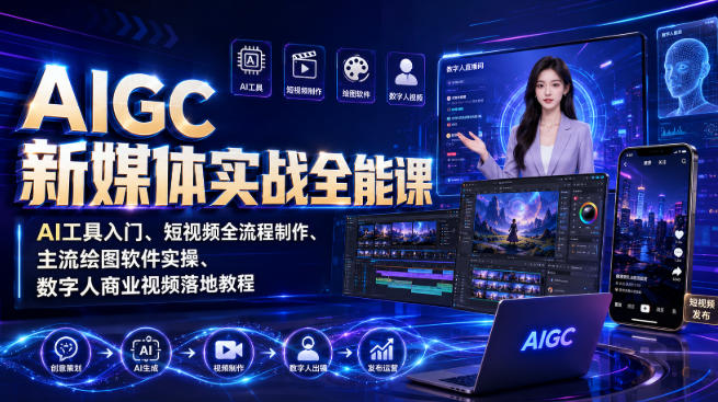 AIGC新媒体实战全能课｜AI工具入门、短视频全流程制作、主流绘图软件实操、数字人商业视频落地教程-16888副业资讯