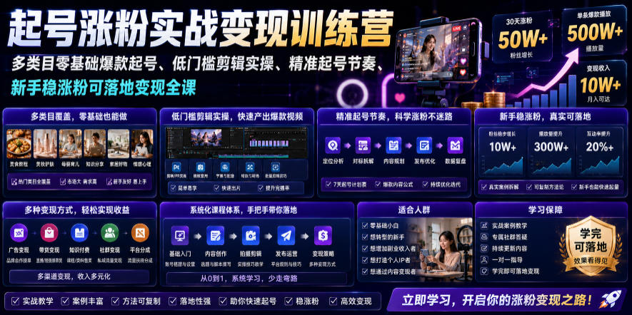 苗子起号涨粉实战变现训练营，多类目零基础爆款起号、精准起号节奏、新手稳涨粉可落地变现全课（更新0719）