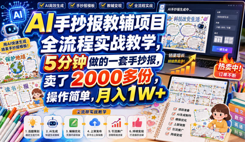 AI手抄报教辅项目全流程实战教学，5分钟做的一套手抄报，卖了2000多份，操作简单，月入1W+-16888副业资讯