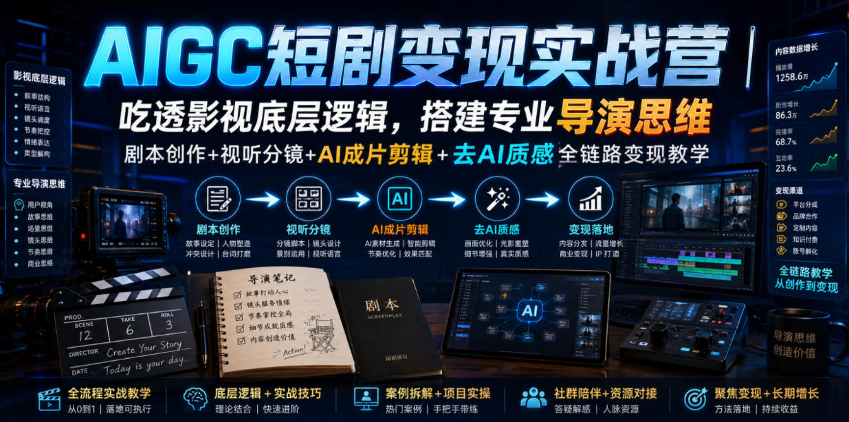 AIGC短剧变现实战营｜吃透影视底层逻辑，搭建专业导演思维，剧本创作+视听分镜+AI成片剪辑+去AI质感全链路变现教学-16888副业资讯
