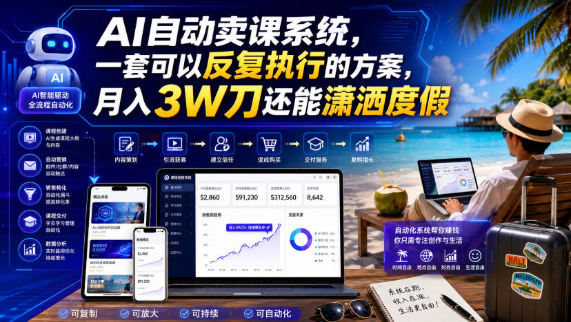 AI自动卖课系统，一套可以反复执行的方案，月入3W刀还能潇洒度假【原创双语字幕】-16888副业资讯