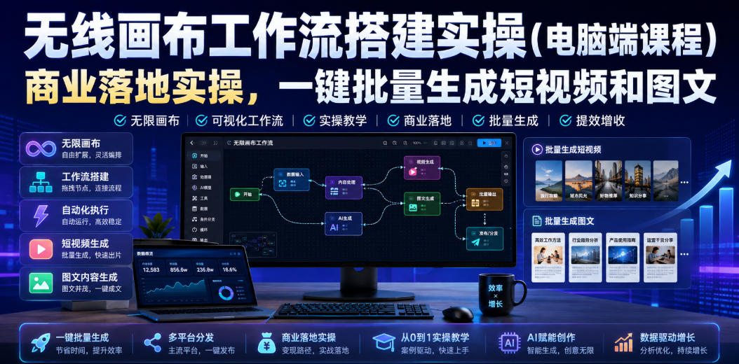 无线画布工作流搭建实操（电脑端课程），商业落地实操，一键批量生成短视频和图文-16888副业资讯