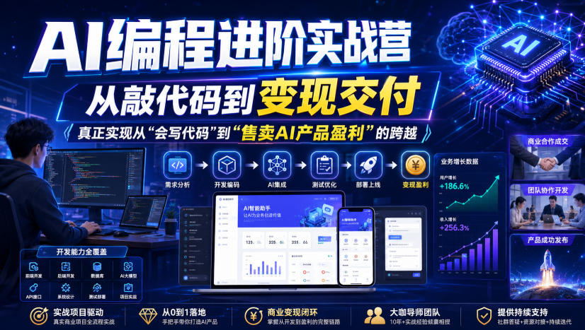 AI编程进阶实战营，从敲代码到变现交付，，真正实现从“会写代码”到“售卖AI产品盈利”的跨越-16888副业资讯