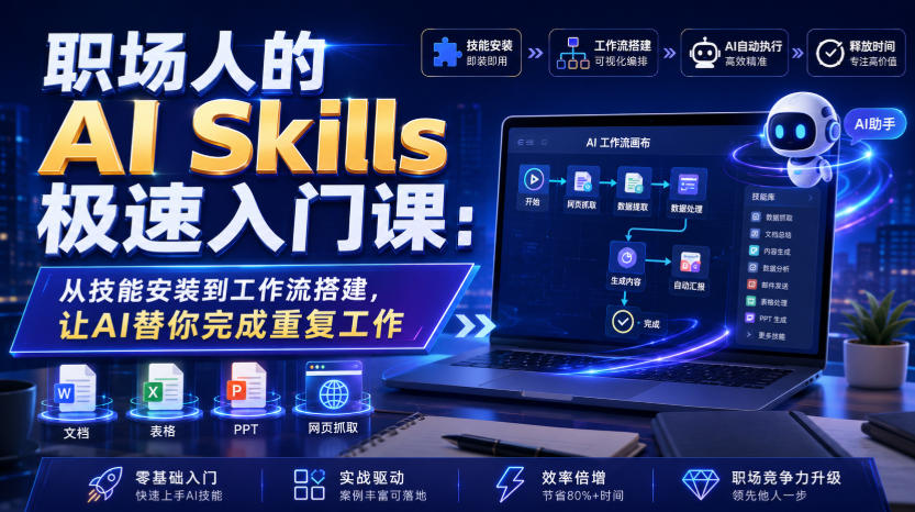 职场人的AI Skills极速入门课：从技能安装到工作流搭建，让AI替你完成重复工作-16888副业资讯