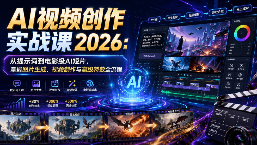 AI视频创作实战课2026：从提示词到电影级AI短片，掌握图片生成、视频制作与高级特效全流程-16888副业资讯
