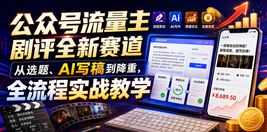 公众号流量主剧评全新赛道，从选题、AI写稿到降重，全流程实战教学-16888副业资讯