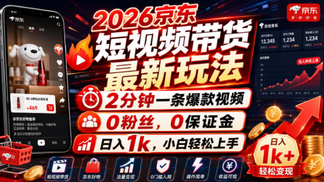 2026京东短视频带货最新玩法，2分钟一条爆款视频，0粉丝，0保证金，日入1k，小白轻松上手【揭秘】-16888副业资讯