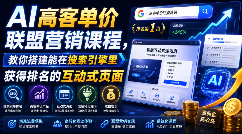 AI高客单价联盟营销课程，教你搭建能在搜索引擎里获得排名的互动式页面，引来流量，把访客转化为高佣金的成交【原创双语字幕】-16888副业资讯