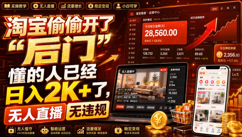 淘宝偷偷开了“后门”，懂的人已经日入2K+了，无人直播无违规，一台电脑=一家24小时营业的线上门店【揭秘】-16888副业资讯