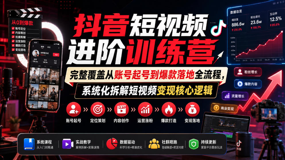 抖音短视频进阶训练营，完整覆盖从账号起号到爆款落地全流程，系统化拆解短视频变现核心逻辑-16888副业资讯