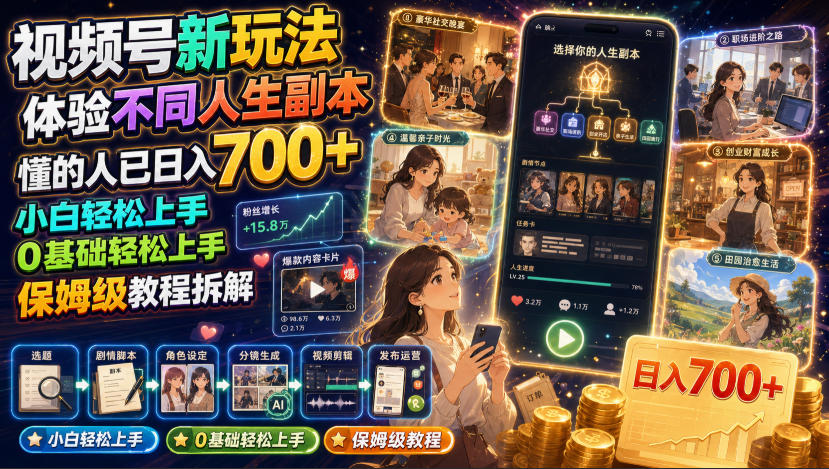 视频号新玩法体验不同人生副本，懂的人已日入700+，小白轻松上手，0基础轻松上手，保姆级教程拆解-16888副业资讯