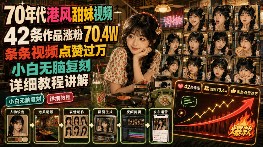 70年代港风甜妹视频，42条作品涨粉70.4W，条条视频点赞过万，小白无脑复刻，详细教程讲解-16888副业资讯