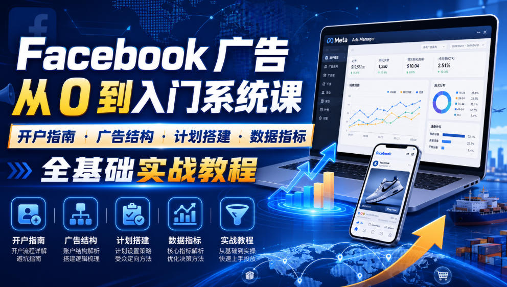 Facebook广告新手从0到入门系统课｜开户指南・广告结构・计划搭建・数据指标全基础实战教程-16888副业资讯