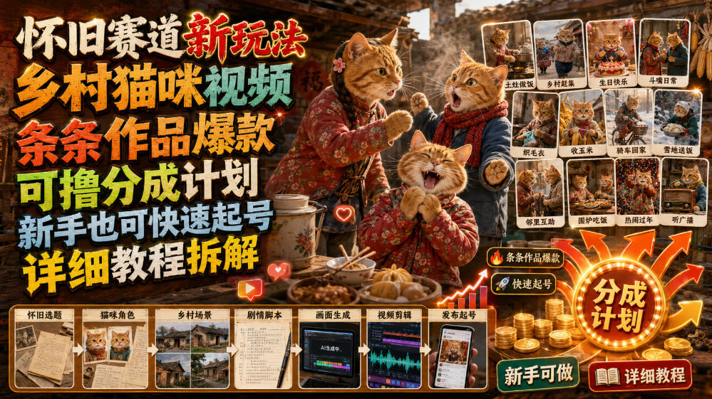 怀旧赛道新玩法，乡村猫咪视频，条条作品爆款，可撸分成计划，新手也可快速起号，详细教程拆解-16888副业资讯
