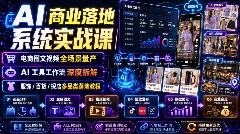 AI商业落地系统实战课｜电商图文视频全场景量产・AI工具工作流深度拆解・服饰/百货/探店多品类落地教程-16888副业资讯
