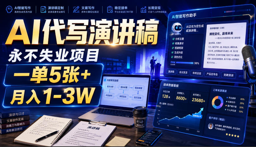 AI代写演讲稿，永不失业项目，一单5张+，月入1-3W【揭秘】-16888副业资讯