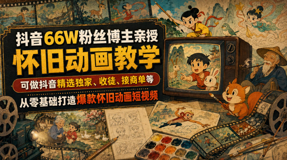 抖音66W粉丝博主亲授怀旧动画教学，可做抖音精选独家、收徒、接商单等，从零基础打造爆款怀旧动画短视频-16888副业资讯