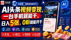 AI头条视频变现,一台手机就能干,日入5张,0粉就能开干-16888副业资讯