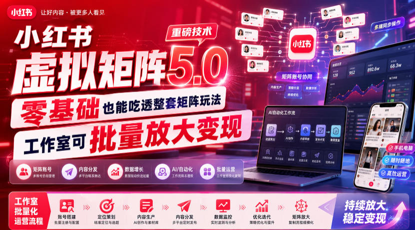 小红书虚拟矩阵5.0重磅技术，零基础也能吃透整套矩阵玩法，工作室可批量放大变现-16888副业资讯