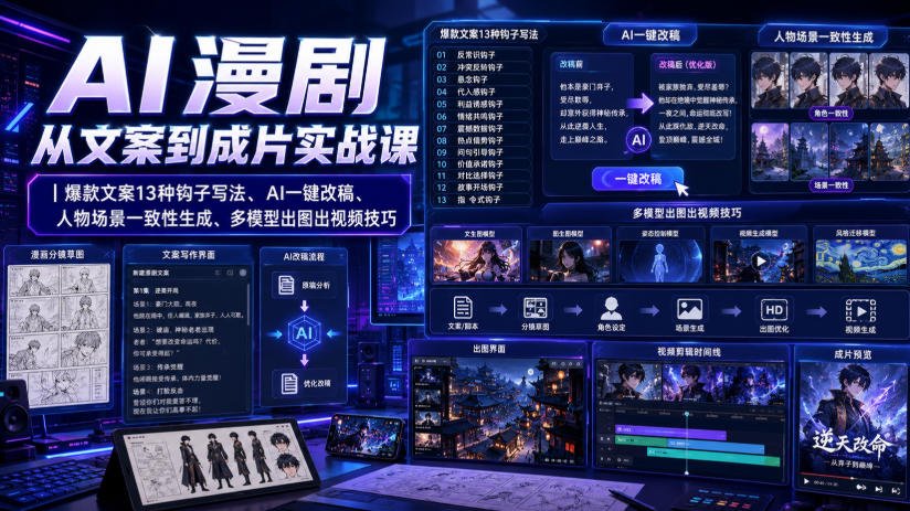 AI漫剧从文案到成片实战课｜爆款文案13种钩子写法、AI一键改稿、人物场景一致性生成、多模型出图出视频技巧-16888副业资讯
