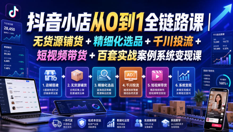 抖音小店从0到1全链路课｜无货源铺货+精细化选品+千川投流+短视频带货+百套实战案例系统变现课（2026年7月更新）-16888副业资讯