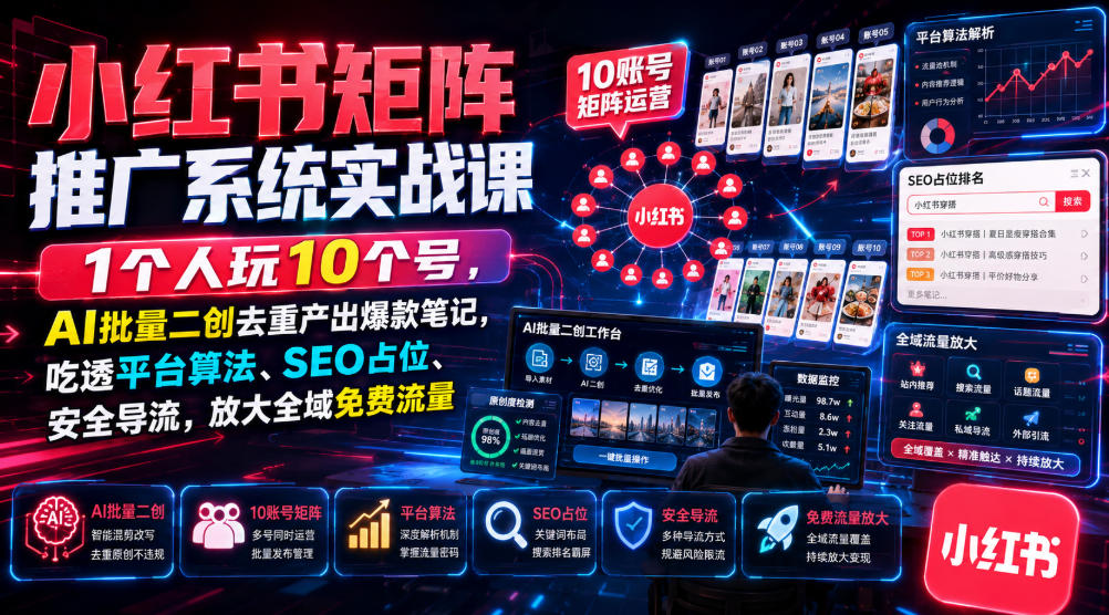 小红书矩阵推广系统实战课｜1个人玩10个号，AI批量二创去重产出爆款笔记，吃透平台算法、SEO占位、安全导流，放大全域免费流量-16888副业资讯