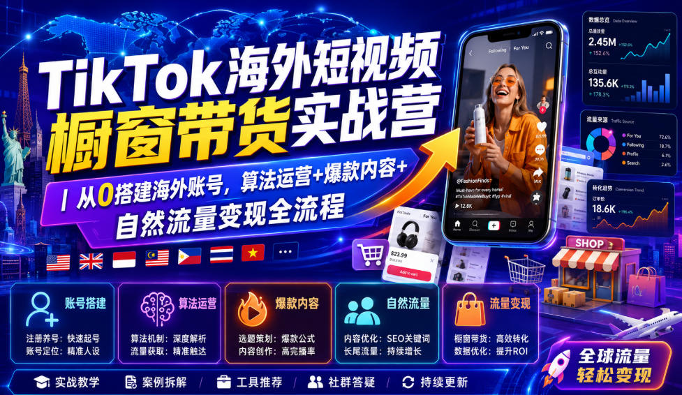 TikTok海外短视频橱窗带货实战营｜从0搭建海外账号，算法运营+爆款内容+自然流量变现全流程-16888副业资讯