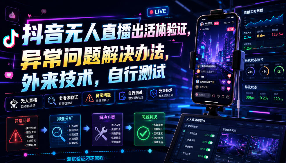 抖音无人直播出活体验证，异常问题解决办法，外来技术，自行测试-16888副业资讯