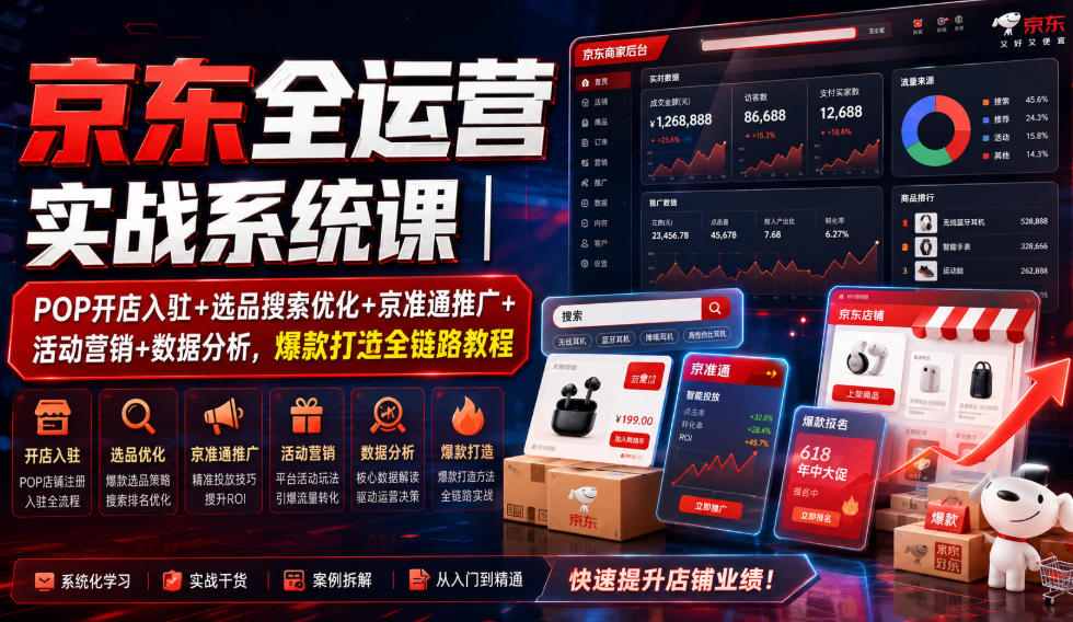 京东全运营实战系统课｜POP开店入驻+选品搜索优化+京准通推广+活动营销+数据分析，爆款打造全链路教程-16888副业资讯