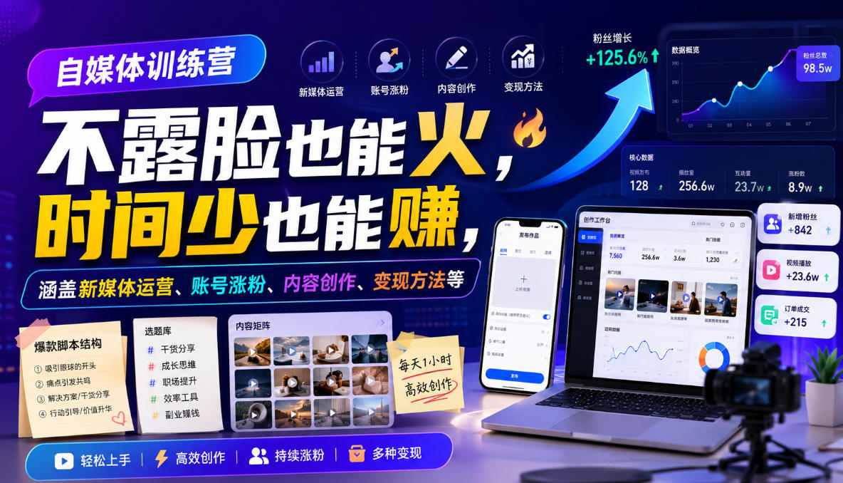 自媒体训练营，不露脸也能火，时间少也能賺，涵盖新媒体运营、账号涨粉、内容创作、变现方法等-16888副业资讯