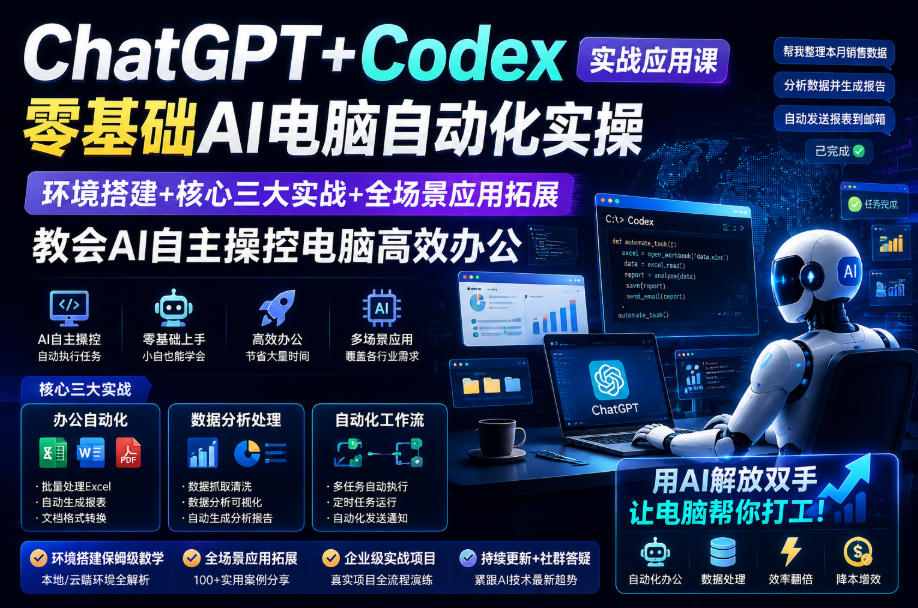 ChatGPT+Codex实战应用课｜零基础AI电脑自动化实操，环境搭建+核心三大实战+全场景应用拓展，教会AI自主操控电脑高效办公-16888副业资讯