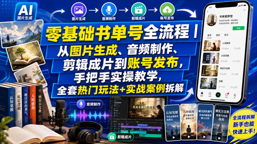 零基础书单号全流程｜从图片生成、音频制作、剪辑成片到账号发布，手把手实操教学，全套热门玩法+实战案例拆解-16888副业资讯