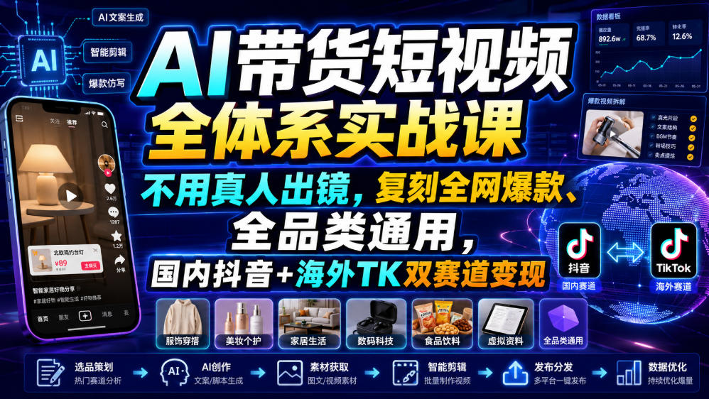 AI带货短视频全体系实战课，不用真人出镜，复刻全网爆款、全品类通用，国内抖音+海外TK双赛道变现-16888副业资讯