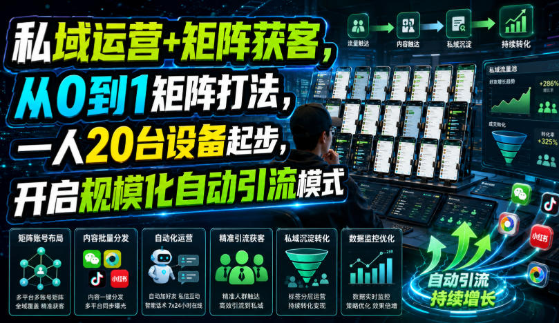 私域运营+矩阵获客，从0到1矩阵打法，一人20台设备起步，开启规模化自动引流模式！-16888副业资讯