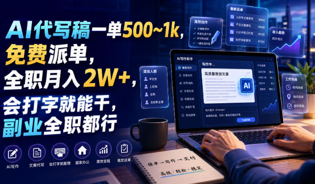 AI代写稿一单500~1k，免费派单，全职月入2W+，会打字就能干，副业全职都行【揭秘】-16888副业资讯