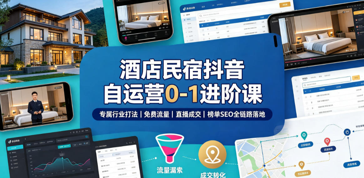 酒店民宿抖音自运营0-1进阶课｜专属行业打法、免费流量+直播成交+榜单SEO全链路落地-16888副业资讯