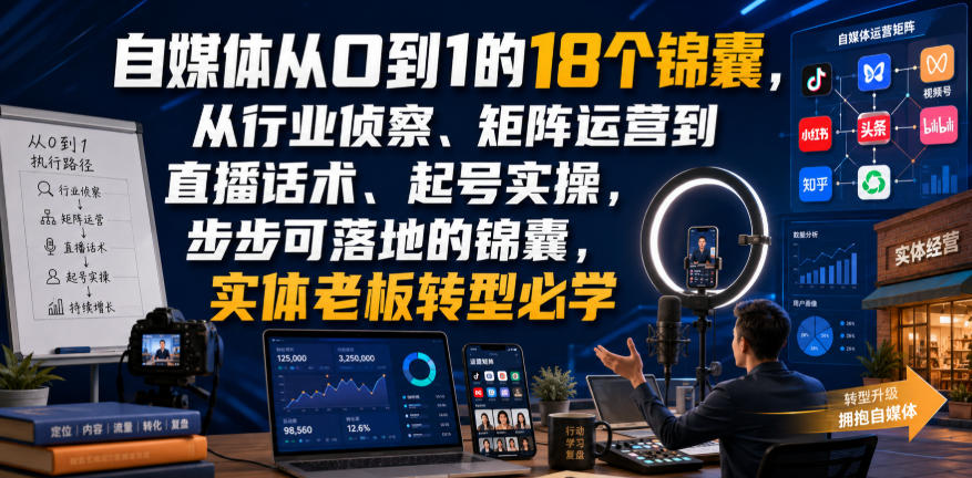 自媒体从0到1的18个锦囊，从行业侦察、矩阵运营到直播话术、起号实操，步步可落地的锦囊，实体老板转型必学-16888副业资讯