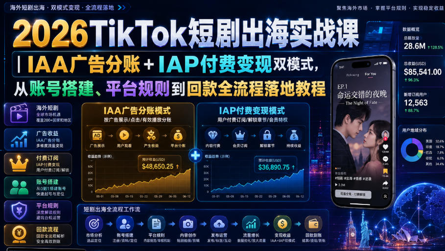 2026TikTok短剧出海实战课｜IAA广告分账+IAP付费变现双模式，从账号搭建、平台规则到回款全流程落地教程-16888副业资讯